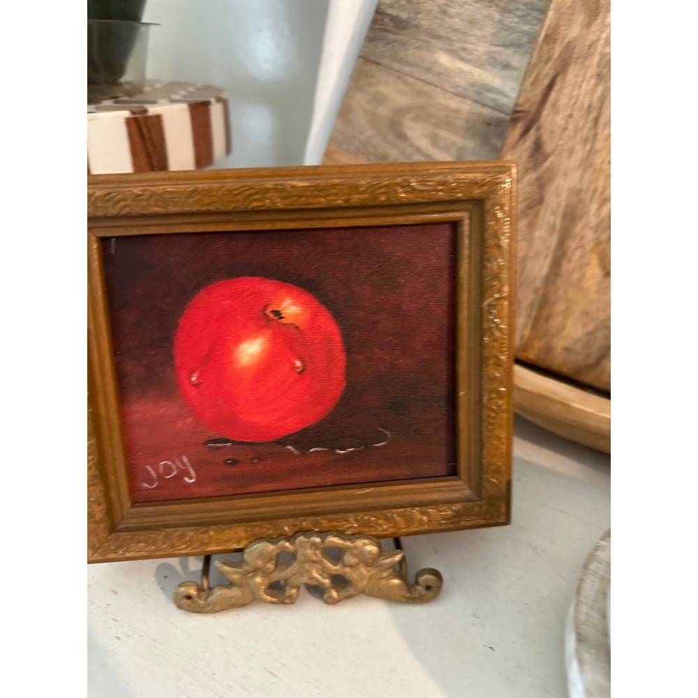 Original Oil Painting "Joy" Moody Red Apple Still Life in Ornate Frame stand inc